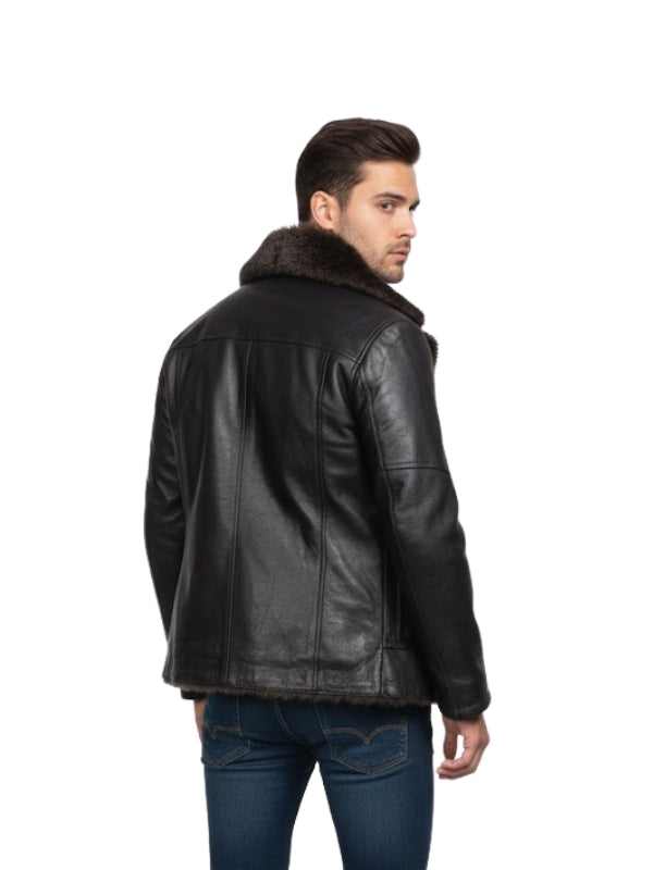Men's Black Aviator Real Sheepskin With Faux Fur Lining Bomber Leather Jacket