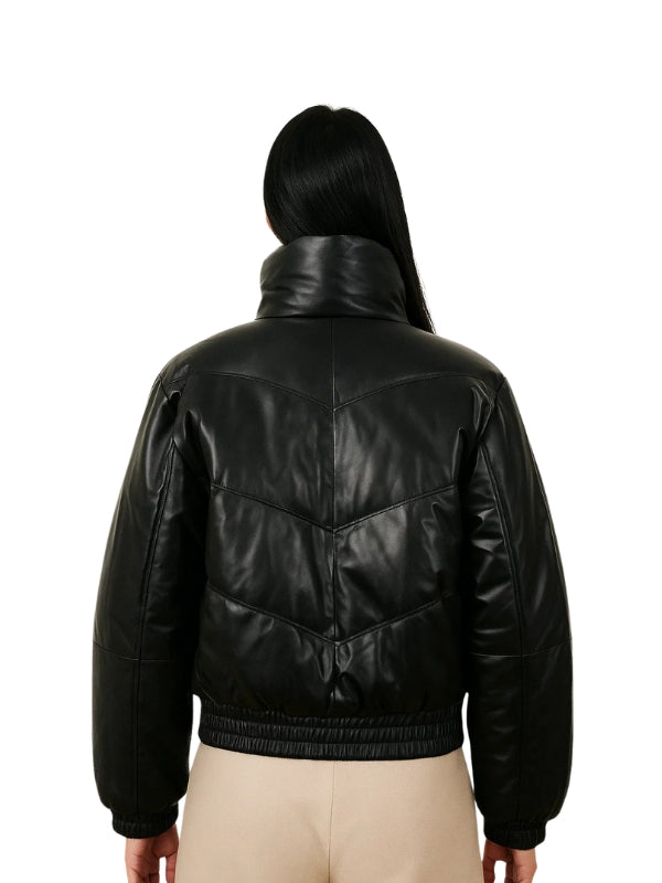 Black leather jacket worn by a person on a white background