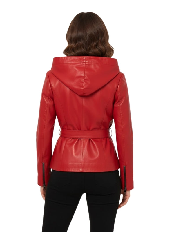 Red leather jacket with a hood worn by a person on a white background