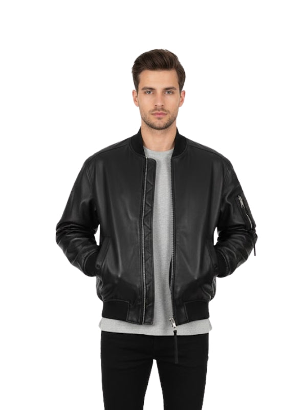 Men's Black Genuine Sheepskin Leather Bomber Jacket
