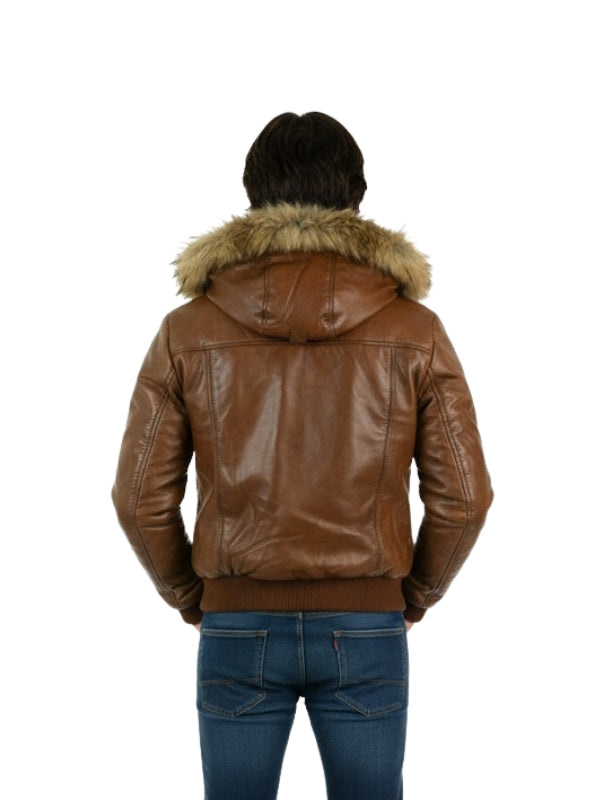 Men's Brown Fashion Stylish Hooded Puffer Retro Aviator Motorcycle Jacket