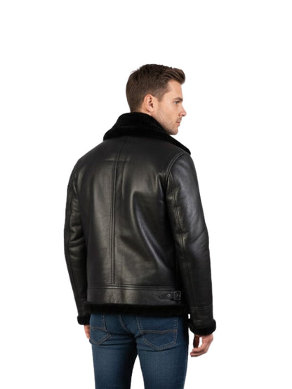 Men's Genuine Sheepskin Black Fur Pilot B3 Bomber Leather Jacket