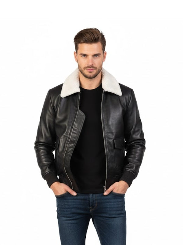 Men's Sheepskin Aviator With Fur G-1 Black Bomber Jacket