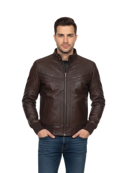 Men's Sheepskin Quilted Style Motorcycle Brown Bomber Jacket