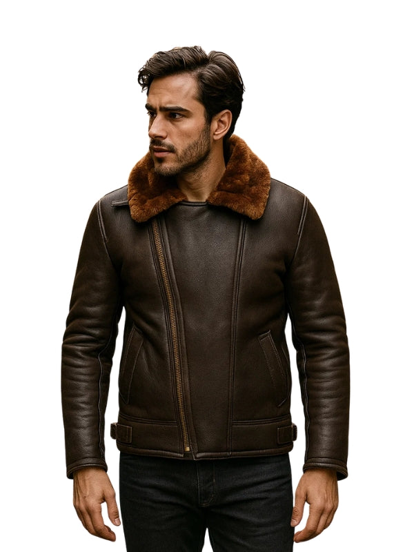 Men's Brown Aviator B3 Shearling Sheepskin Bomber Leather Jacket