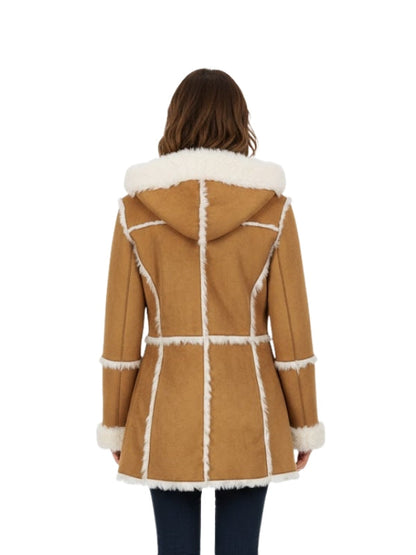 Brown coat with white fur trim on a white background