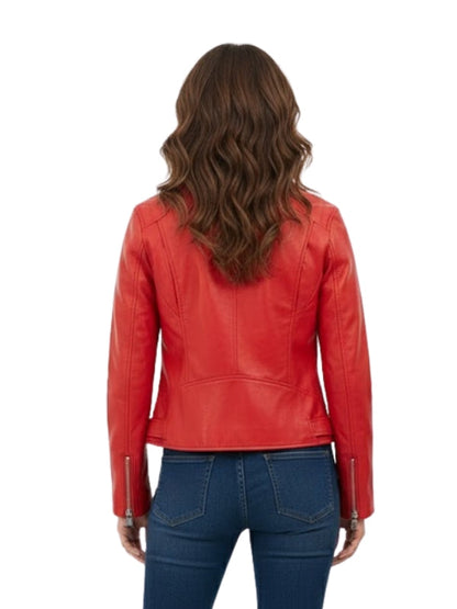 Person wearing a red leather jacket and blue jeans on a white background