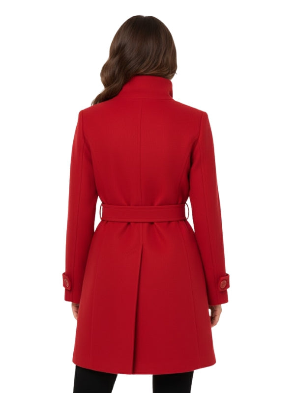 Red coat worn by a person on a white background