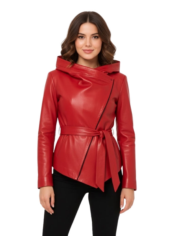 Woman wearing a red leather jacket with a hood on a white background